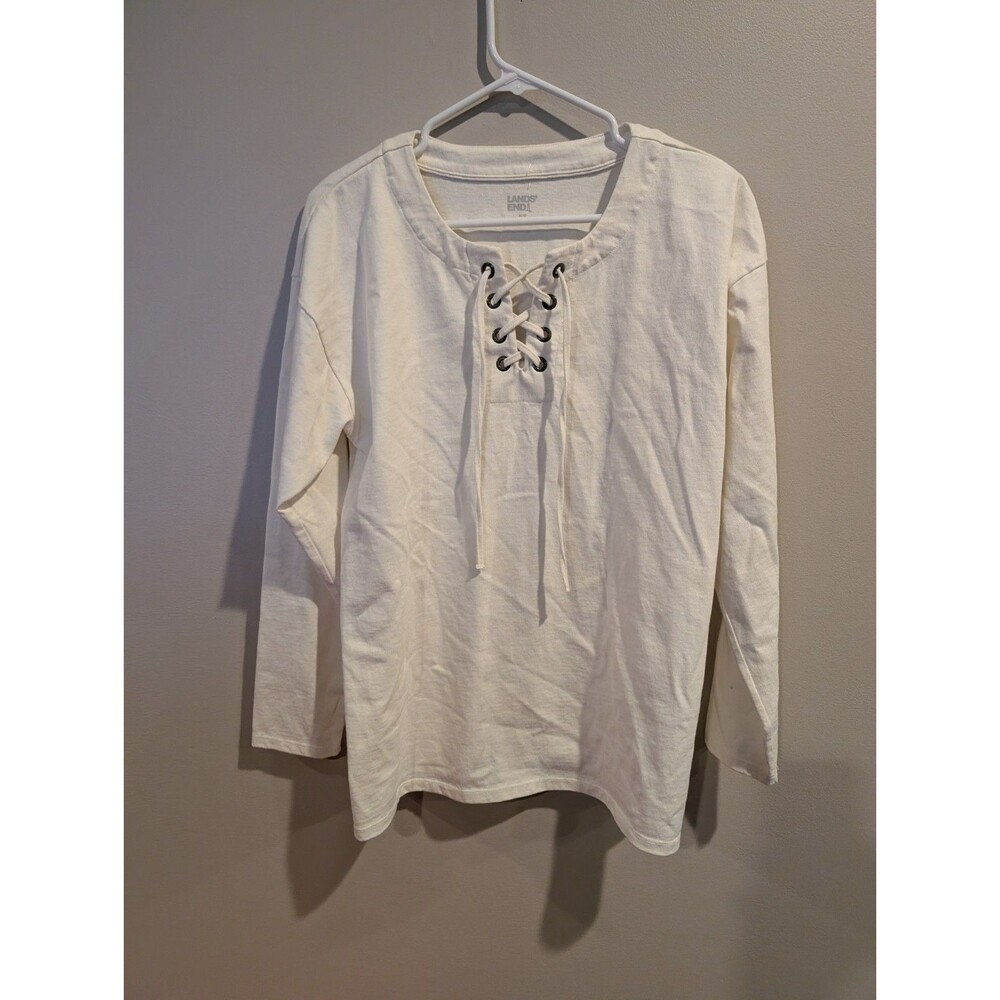 Lands End Women's M Henley Lagenlook 100% Cotton Off White Top Peasant Boho Lace